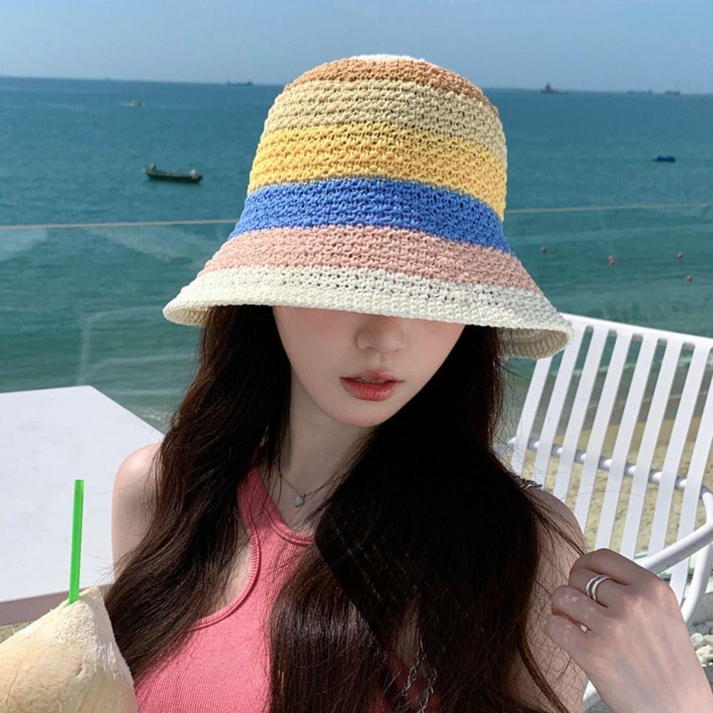Shade Sun Caps Sunscreen Bucket Hat Stripe Beach Fisherman Hat Rainbow Straw Hat  Outdoor Sports