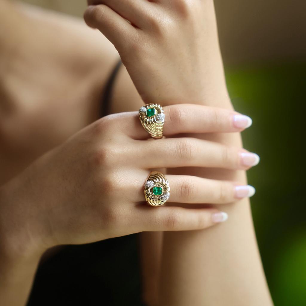 Medieval Vintage Forest Breath French Texture Plating 18K Gold Diamond Imitation Emerald Ring Girl