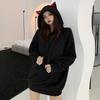 Women Autumn Winter Hoodie Cartoon Cat Ear Hooded Drawstring Thick Pullover Loose Solid Color Elastic Cuff Mid Length Warm Lady