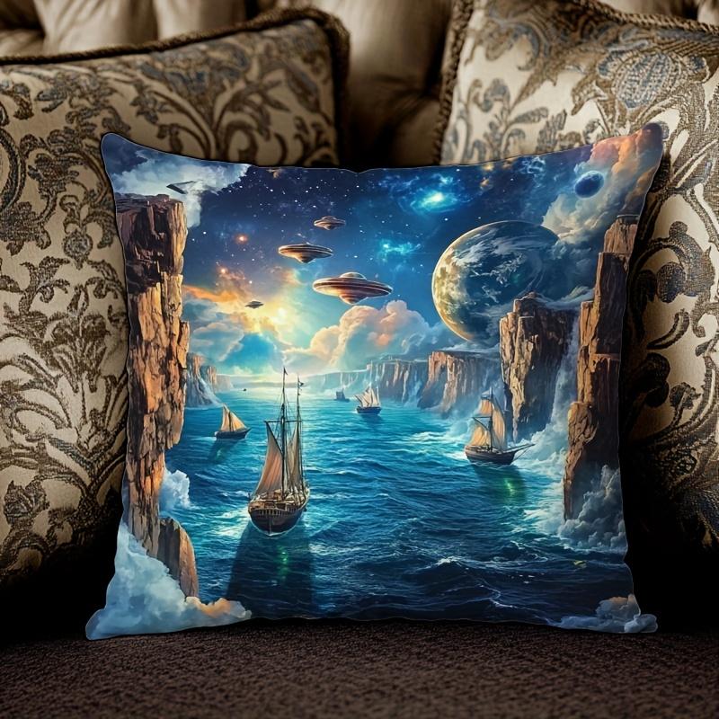 1Pc Starry Night & Ufo Scene Pillowcase Polyester Fiber Machine Washable Printed Decorative Pillowcase Home Decor Car Sofa Bedro