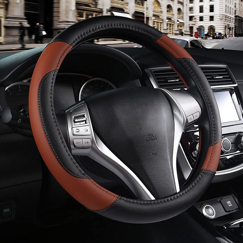Leather Car Steering Wheel Cover, Non-Slip Car Wheel Cover Protector Breathable Microfiber Leather Universal Fit For Most Cars(Beige)