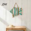 Distressed Blue White Decor Fish Handmade Wall Decor, Rustic Coastal Hanging Ornament with Sea Glass Jute Rope, Bohemian Beach Style Art for Bathroom