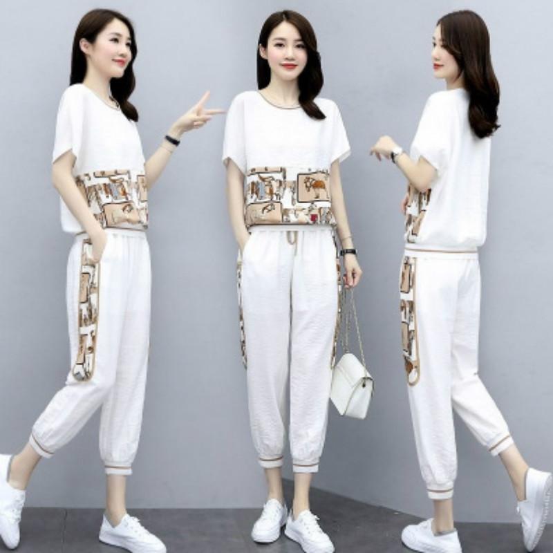 Модный повседневный спортивный костюм, женские спортивные костюмы, летние свободные футболки с короткими рукавами, укороченные брюки