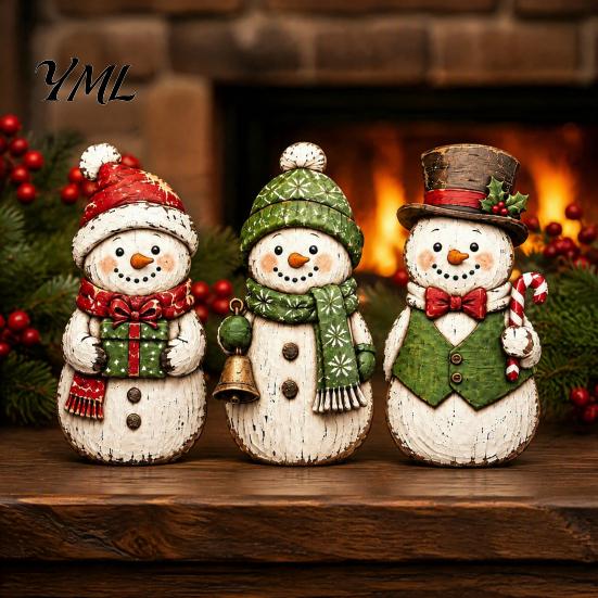 Reusable Christmas Party Ornaments 3Pcs Wooden Ornaments, Compact Snowman/Penguin/Deer Desktop Decorations, Cute Snowman Penguin Deer Figures Xmas for