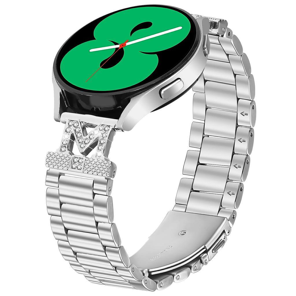 For Samsung Galaxy Watch 42mm Strap Rhinestones Decor 3-Bead Silver Stainless Steel Watch Band