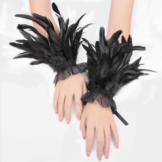Women's Feather Wrist Cuffs Gothic Feather Fingerless Gloves Wristband Mesh Cuff for Halloween Cosplay Costume Accessories