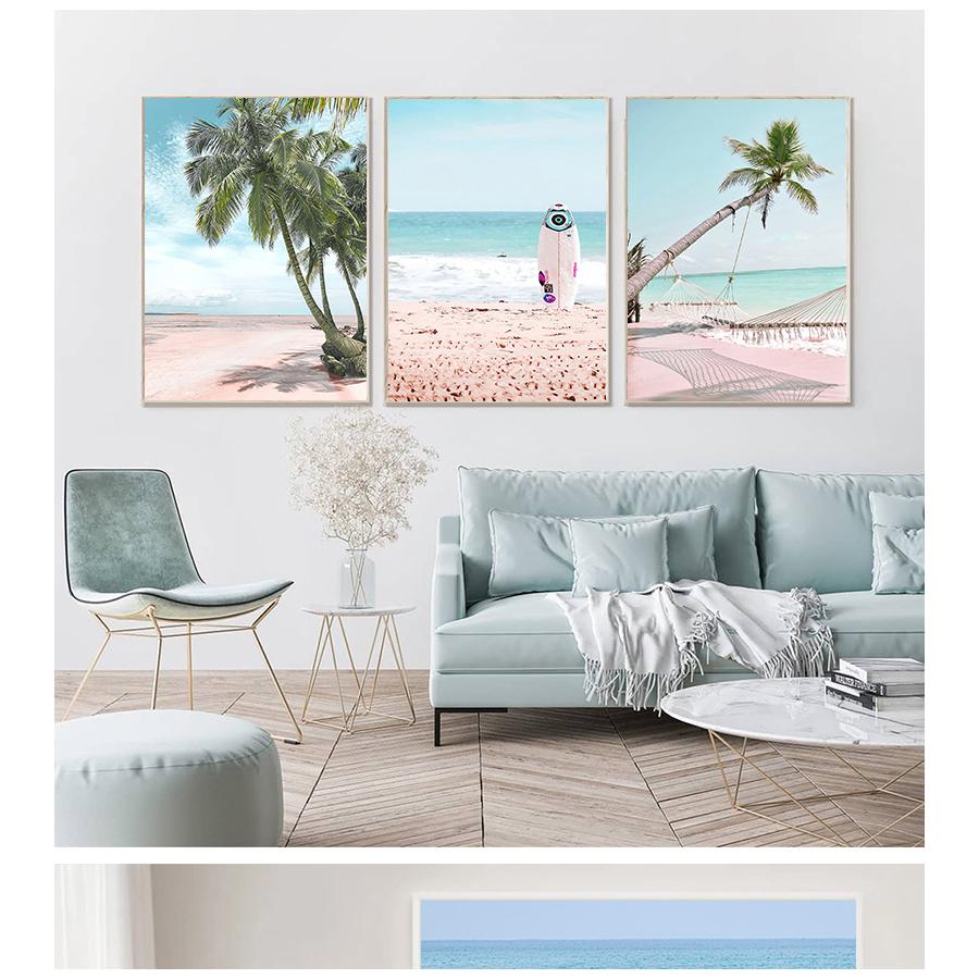 Гамак плакаты на скандинавскую тему и принты, настенная живопись на холсте, настенные картины для декора гостиной, розовое море, пляж, ракушка, ананас
