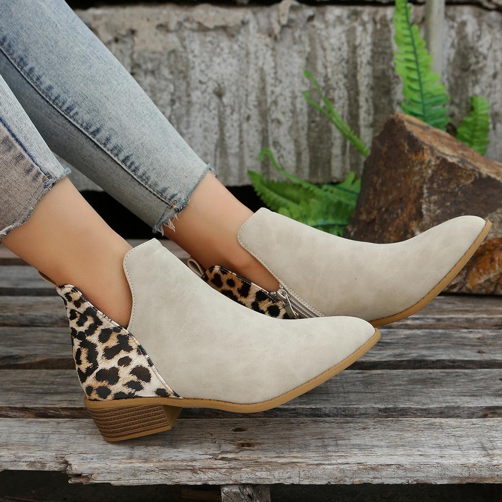 Fashion Leopard Winter Sexy Women Ankle Boots Autumn PU Female Short Zip Chelsea Boots Retro Round Toe Square Heel Size 36-43