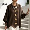 Spring Autumn Sweater Women Oversized Knit Cardigan Sweater, Collared Top with Large Metal Casual Buttons, Loose Lantern Sleeve for Soft Skin Friendly