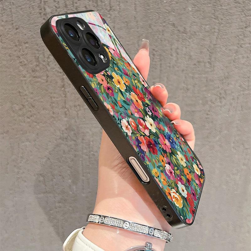 Стильный Чехол из Закаленного Стекла с Ярким Цветочным Узором HD для iPhone 17 16 15 14 13 12 11 Pro Max 16E 7 8 Plus XR XS X