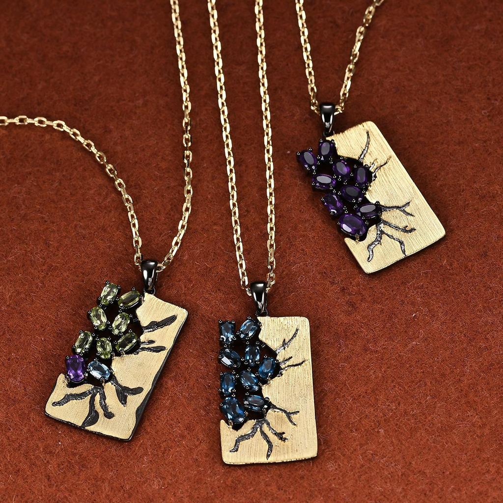 Italian Retro Original Designer Jewelry S925 Silver Gold-plated Natural Colored Treasure Amethyst Necklace Pendant