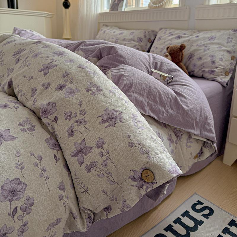 Комплект постельного белья из чистого хлопка с винтажным цветочным принтом, 4 предмета, на пуговицах, простыня из 100% хлопка, простыня на резинке, пододеяльник, постельное белье класса А