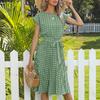 Women Polka Dot Print Midi Dress Crewneck Short Sleeve A-line Dress with Belt Summer Beach Swing Sundress