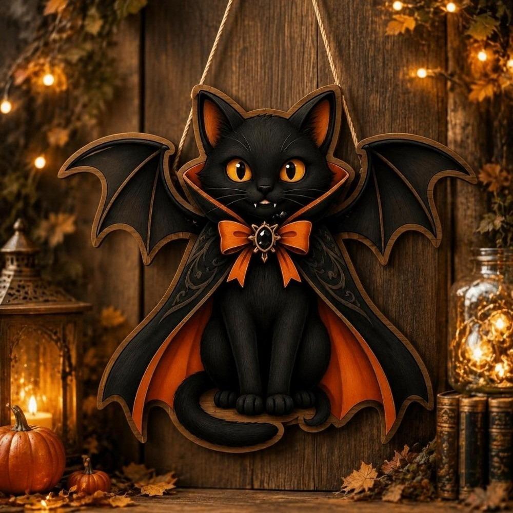 Wooden Black Cat Pendant Gothic Style Hanging Decoration Sign Halloween Decoration Home Decoration