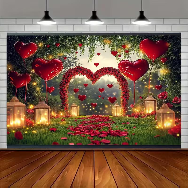 2D Romantic Valentine's Day Backdrop Red Heart Balloon Rose Arch Party Background