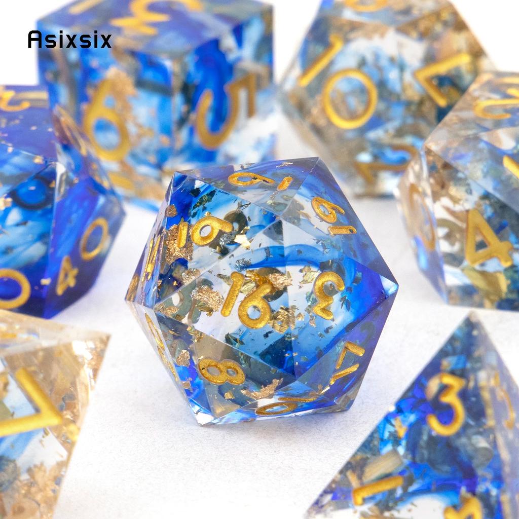 7 Pcs Blue Golden Number Sharp Edge Resin Dice Polyhedral Dice Suitable for Role-Playing RPG Board Game