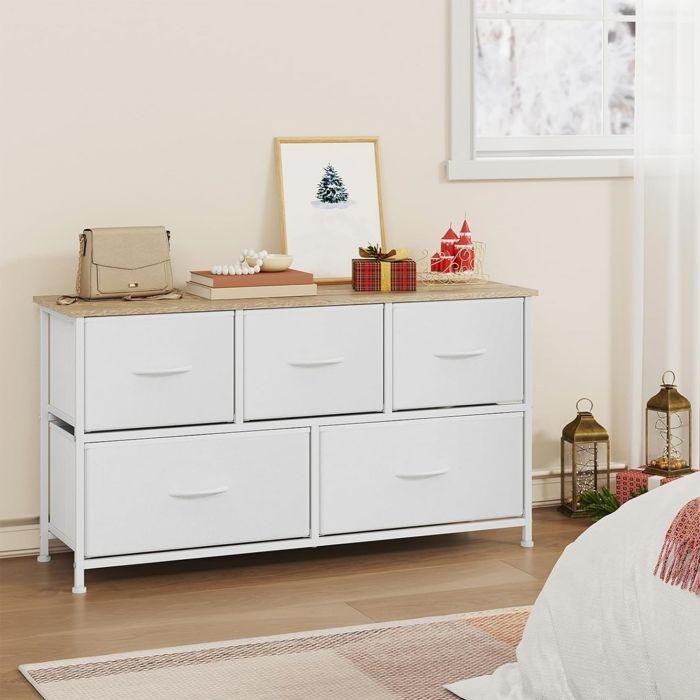 Commode Chambre WOLTU - Armoire 5 Tiroirs en Tissu - Bois d'Ingénierie et Métal - Blanc W0ITT5025