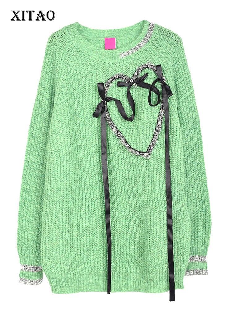 Xitao Модный пуловер, свободный вязаный бандаж с бантом и сердечком, женский свитер LDD2226