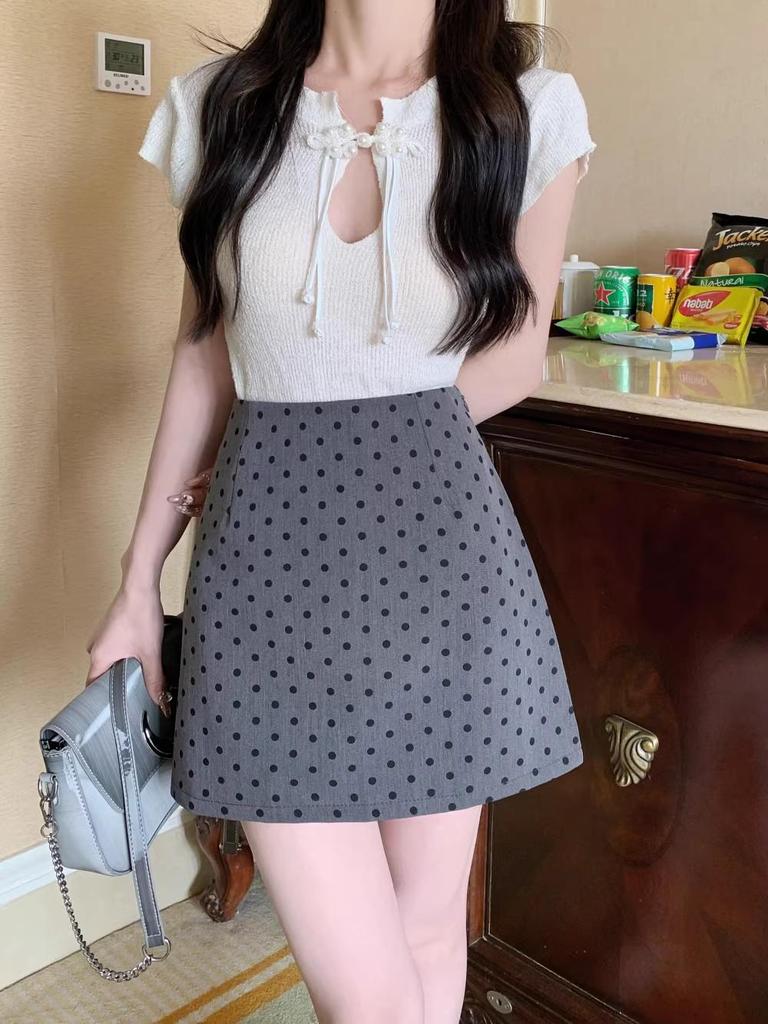 Женская юбка-трапеция большого размера в черный горошек, короткая - Универсальная, облегающая бедра, Подходит для миниатюрных, для весны/осени