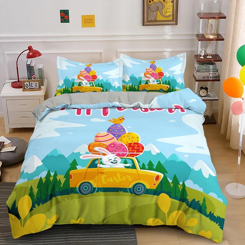 Happy Easter Egg Rabbit King Queen Duvet Cover Cartoon Lovely Bunny Bedding Set Pet Animal Comforter Cover Polyester Quilt Cover
