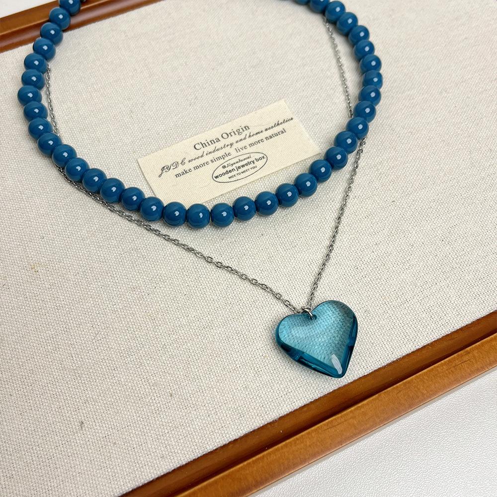 2026 New Blue Crystal Heart-shaped Bead Necklace for Women Long Layered Sweater Chain