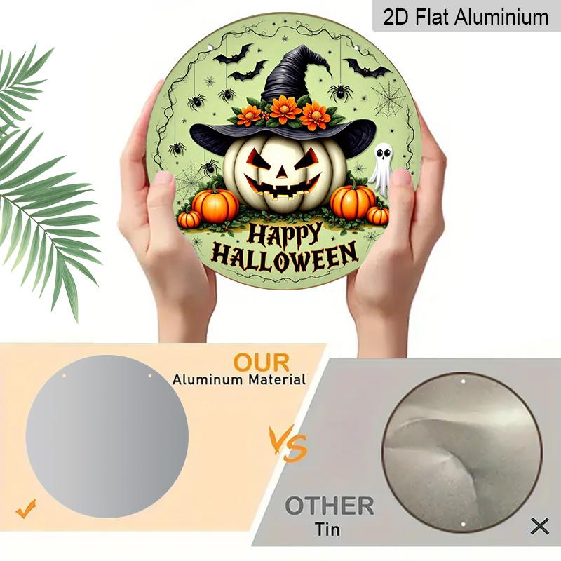 2D Flat, 1pc Retro Bohemian Style Aluminum Halloween Wall Decor Plaque - Round Witch Hat, Bat, Pumpkin And Metal Sign with "Happy Halloween" Quote