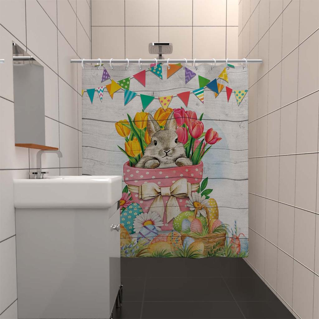 1PC Easter Bunny Easter Egg Decoration Shower Curtain, Playful rabbit theme With 12 hooks,Spring Holiday Bathroom Decoration