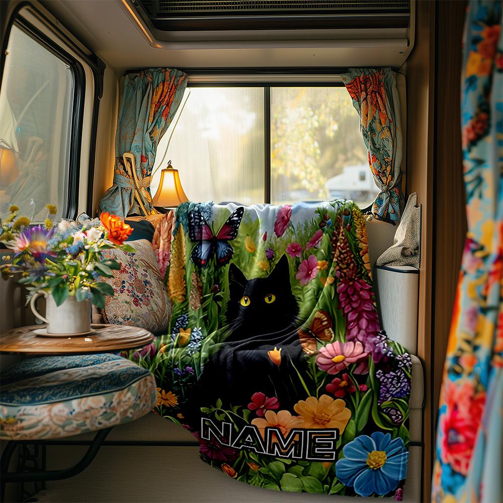 Garden Cat With Butterflies And Flowers Artwork Blanketcustomizable With Your Namecomfortable And Stylish Perfect For Travel Beds Chairs Offices Sofas