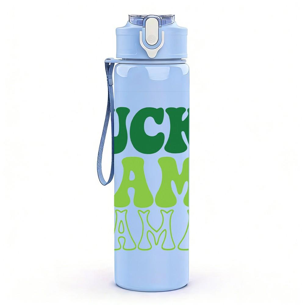 1PC Lucky Mama Green Letter Print 750ml Color Plastic Sports Water Bottle Leakproof Flip Straw Lid Suitable for Sports Office Home Use