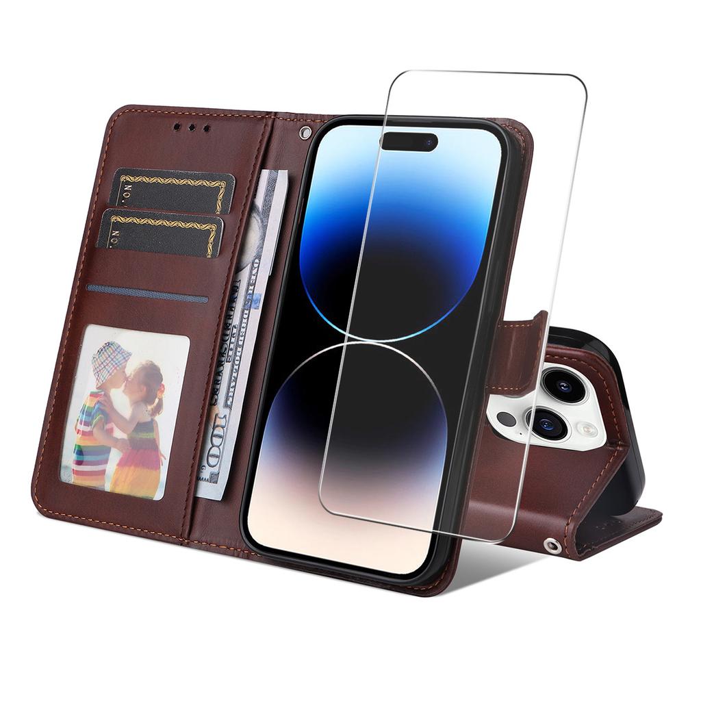 For iPhone 15 Pro PU Leather Wallet Case Phone Stand Cover with Tempered Glass