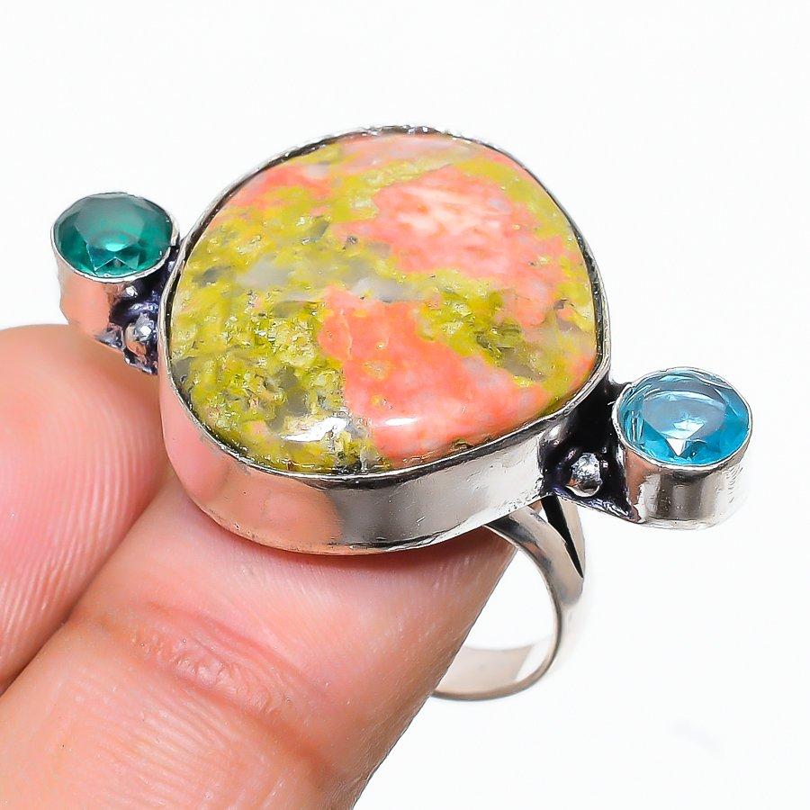 Unakite, Diopside Gemstone 925 Sterling Silver Jewelry Ring Size 8.5 SU-7168