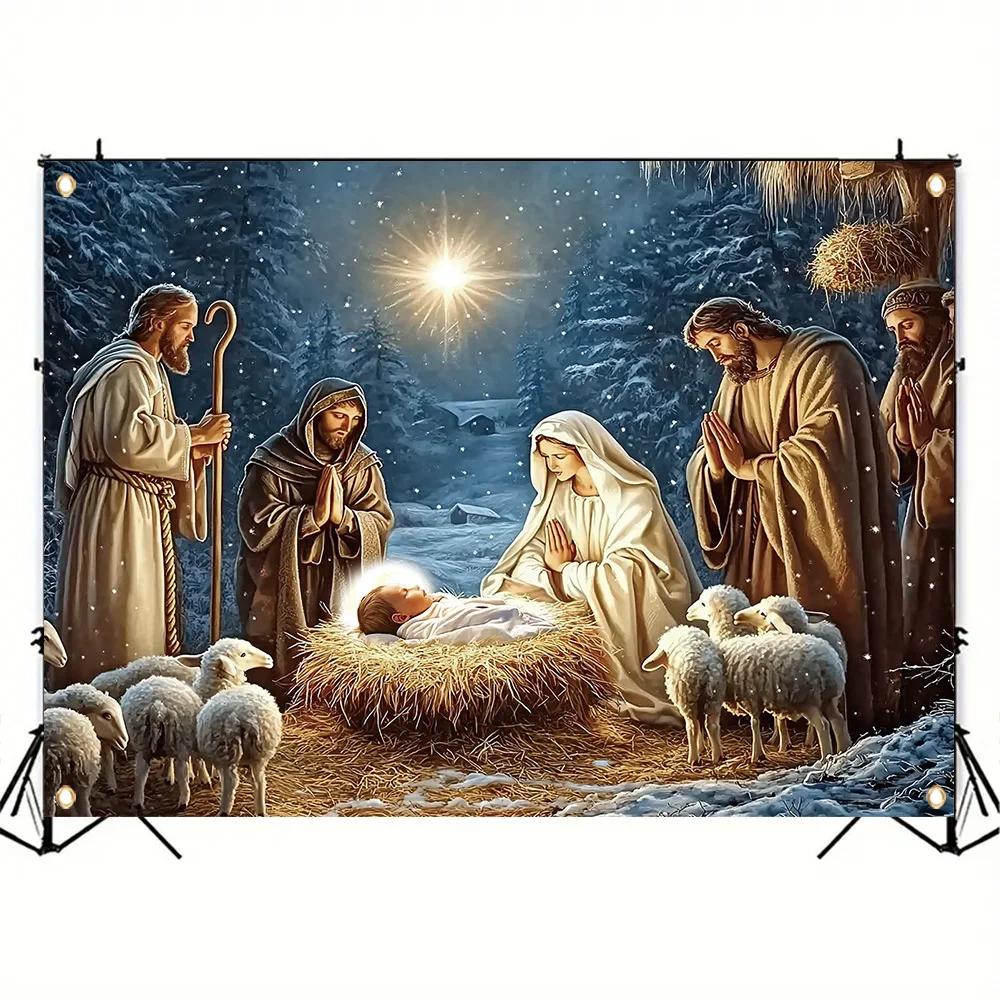 1 piece Merry Christmas decorative banner polyester hanging birth of Jesus manger scene pattern
