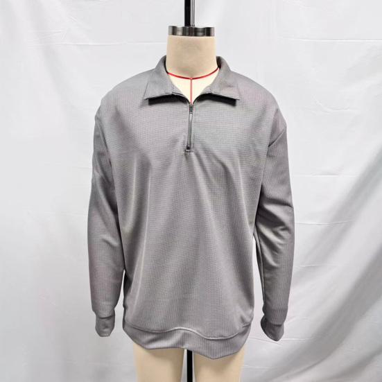 Мужской свитшот, вафельная текстура, длинный рукав, молния до середины, классический отложной воротник, пуловер, однотонный, свободный крой, повседневный спортивный топ