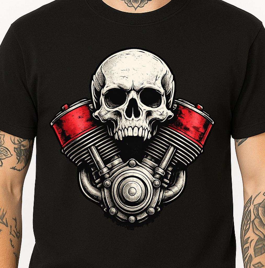 Skull V-Twin Engine Graphic Biker Motorcycle Gothic Mechanic Garage Tee.