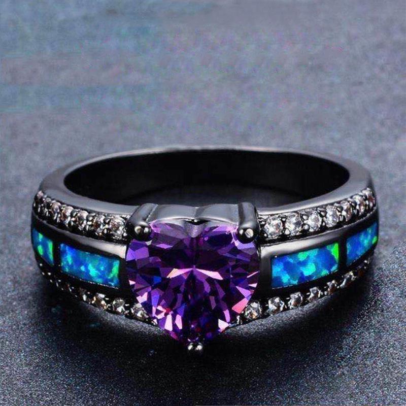 Black Gold Heart-Shaped Purple Zircon Alloy Ring with Electroplated Opal for Women