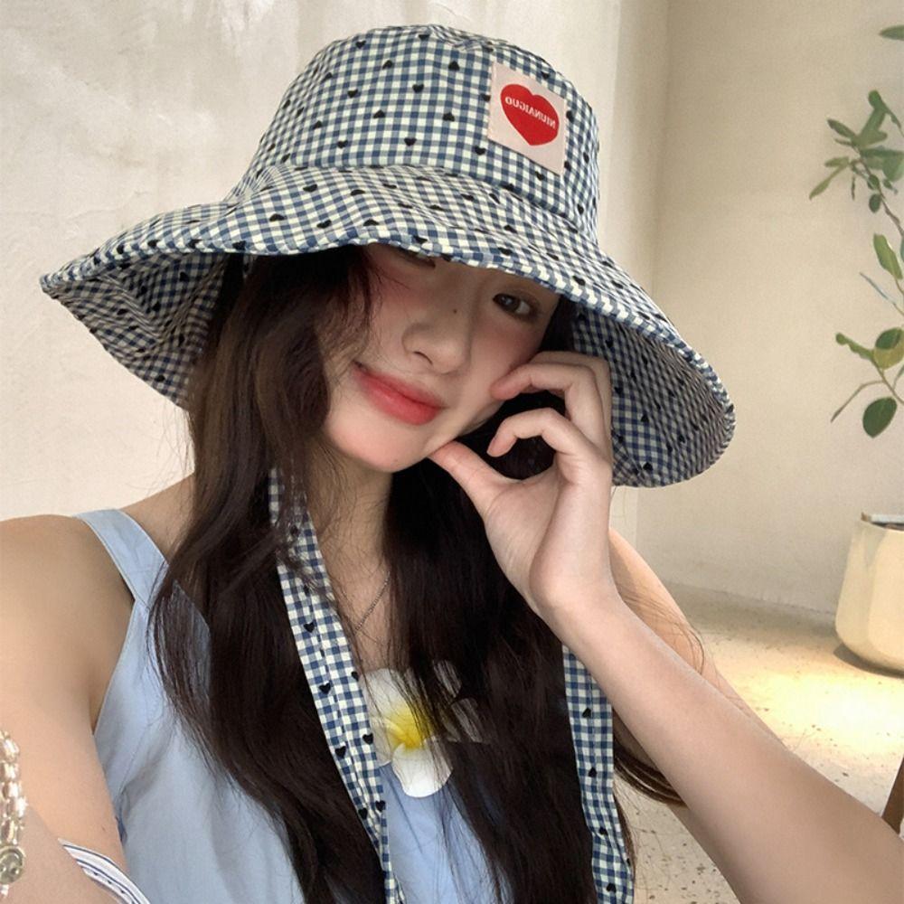 Lace Up Hiking Fisherman Hat Sun Protection Heart Printed Bucket Hat Drawstring Sun Hat Fishing