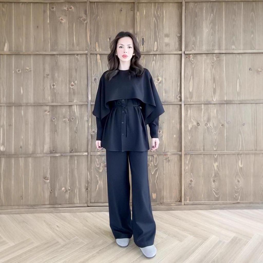 2025 Осень Европейский и Американский Женский Комплект Топ с Длинным Рукавом, Шаль и Брюки с Завязкой на Талии