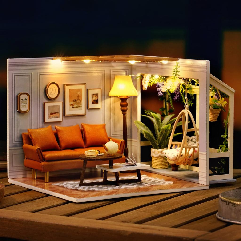 CUTEROOM Miniature Dollhouse Kit with Dustproof Cover and LED Light DIY House Wooden Dollhouse Kit for Teens Creative Gift for Craft Lovers Furniture,