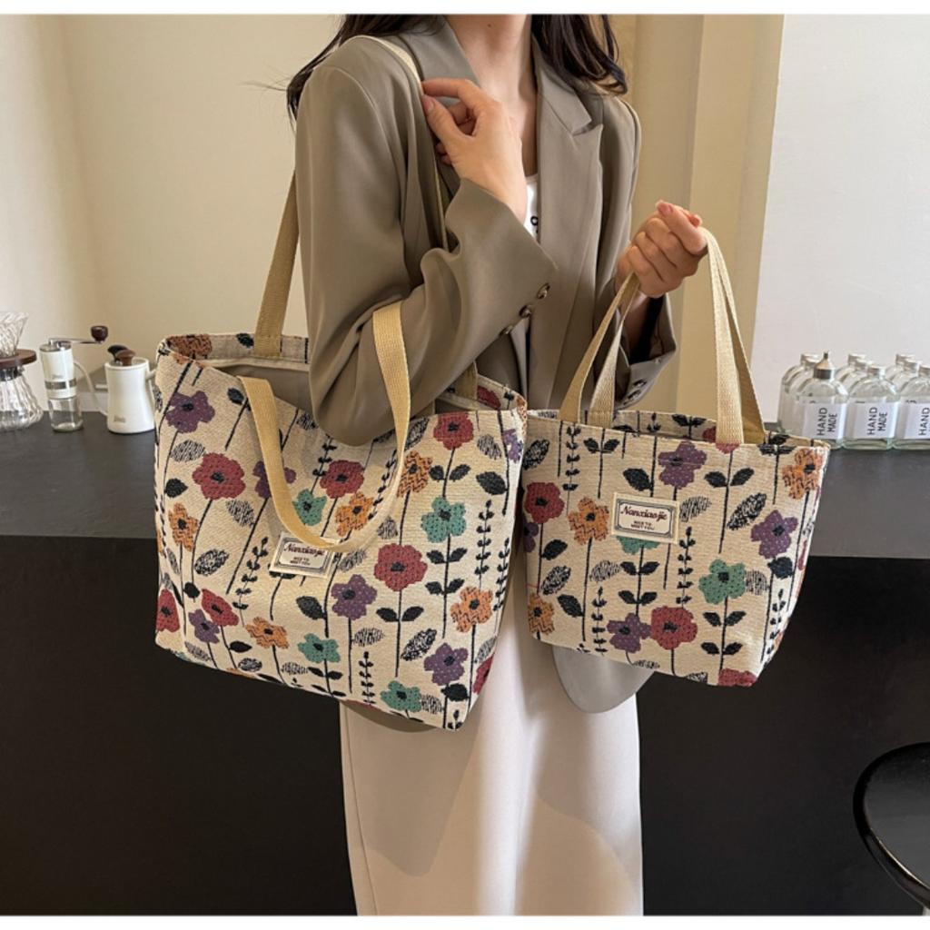Large Floral Canvas Handbag with Shoulder Straps for Commuters and Students