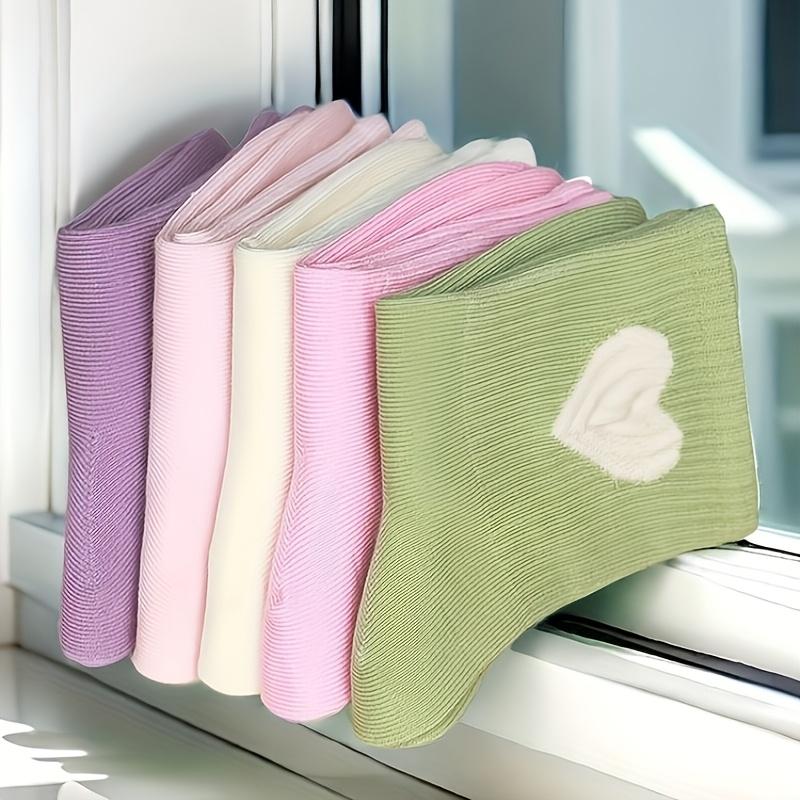 5 Pairs Kids' Cartoon Heart Stripe Socks, Polyester Spandex Knit Fabric, for Girls, Student Dance, Spring Summer Autumn