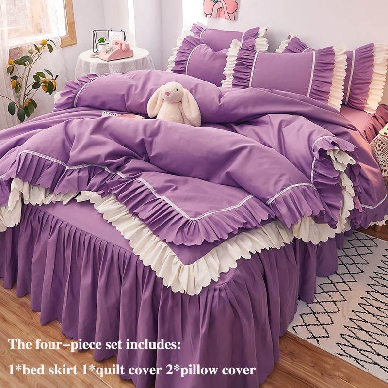 Four-piece Bed Skirt Thick Brushed Korean Style Bed Skirt and Quilt Cover Three-piece Princess Style Bedding