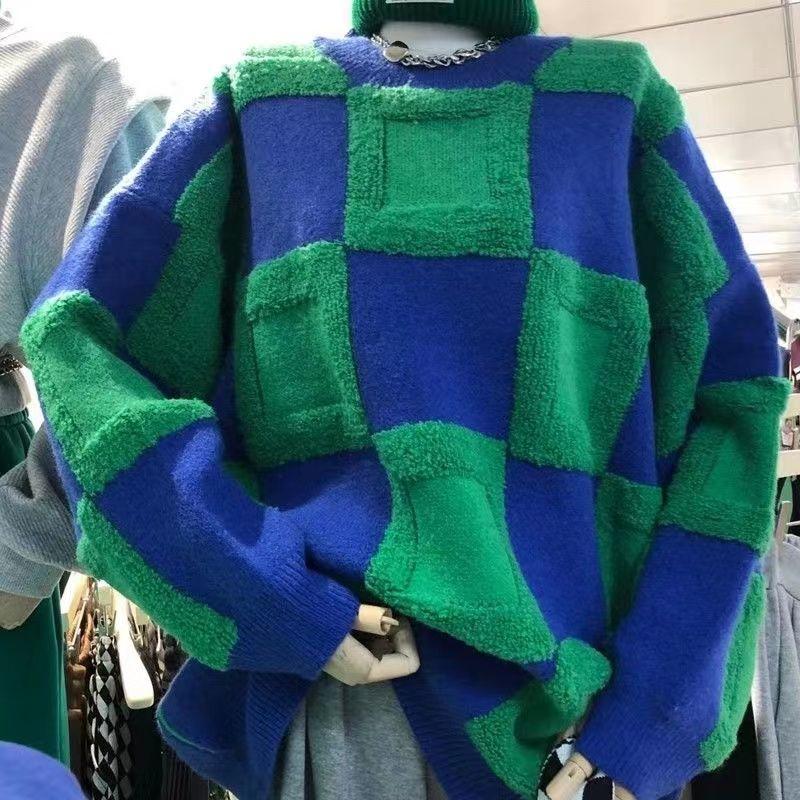 Женский пуловер 2023, весенне-осенний новый корейский вариант контрастного цвета, вязаный 3D флокированный плед, ленивый свитер, пуловер, женский топ