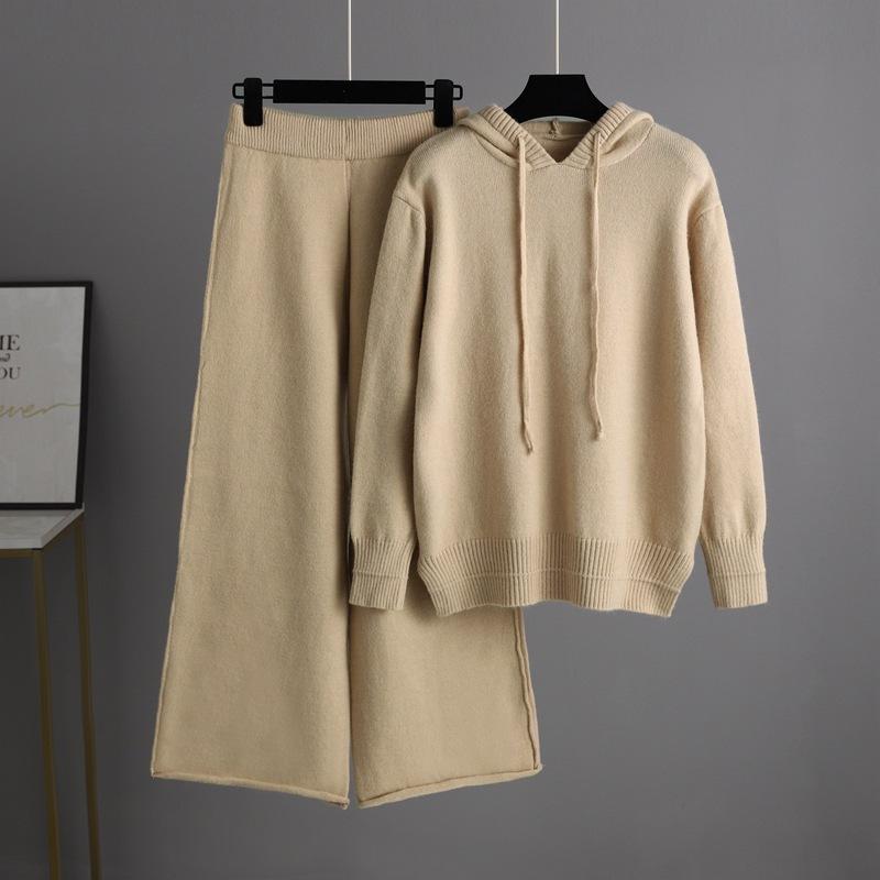 Fall Winter Hooded Sweater Knit Suit Solid Color Long Pants Two Piece Set