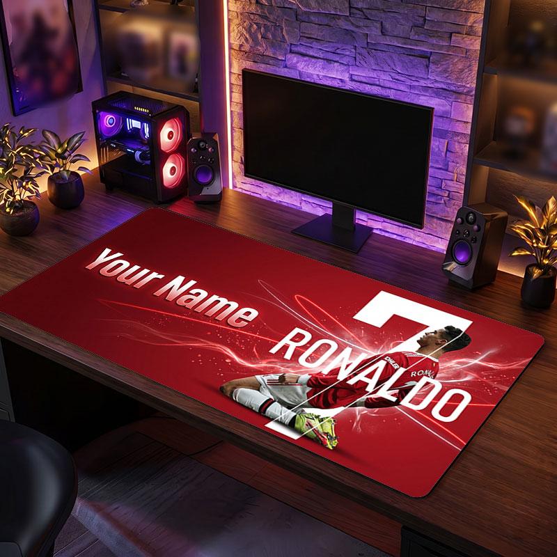 Cristiano Ronaldo Custom Large Mouse Pad, Personalized Name Text Print, Football Logo Non‑Slip Desk Mat Gaming Gift