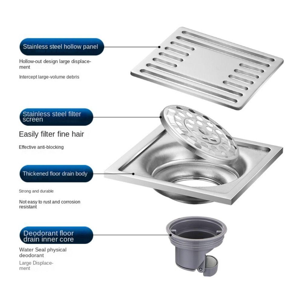 Stainless Steel Floor Drain Square Floor Cover Anti-odor Filter Core Shower