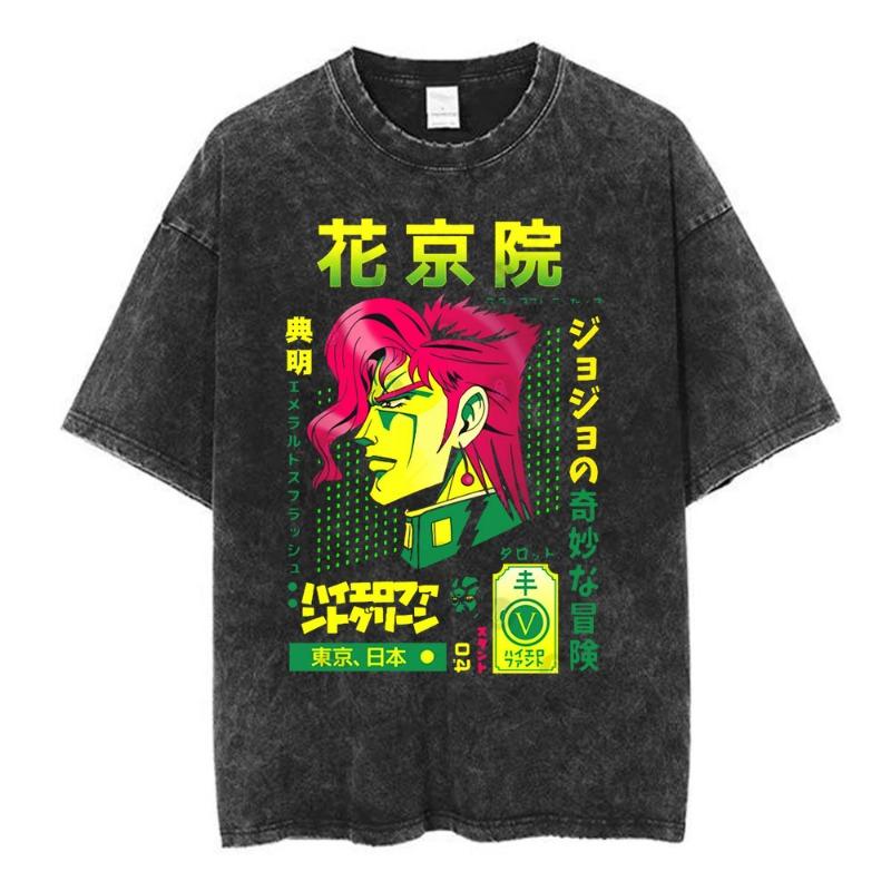Vintage Washed Anime Jojo Bizarre Adventure T-shirt Giorno Giovanna Manga Graphic T-shirts Men's Clothing Cotton Casual T shirts