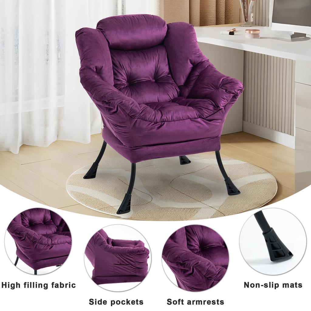 Lazy Chair, Relaxing Chair with Metal Frame and a Side Pocket, Simple Style Comfy Chairs for Bedrooms Living Room Balcony