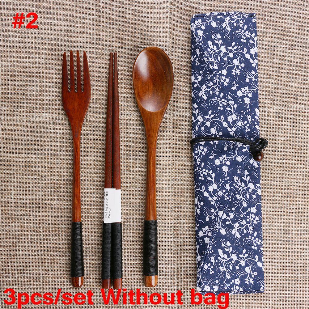 Japanese Style Portable Cutlery Set Spoon Fork Chopsticks Natural Wooden Cloth Bag