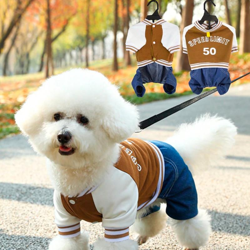 Pet 4-Leg Jumpsuit In Navy and Print Color Block Design, Letter Print, for Cats & Dogs, Suitable for Spring/Autumn
