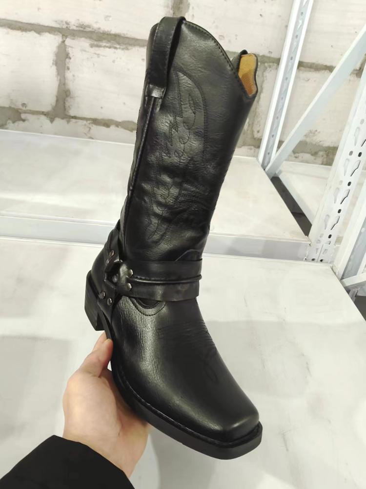 2024 Новые ковбойские сапоги в стиле вестерн, черные, коричневые, из искусственной кожи, зимняя обувь, мужские ретро-сапоги с вышивкой, мужские сапоги до середины икры, размер 48 Botas